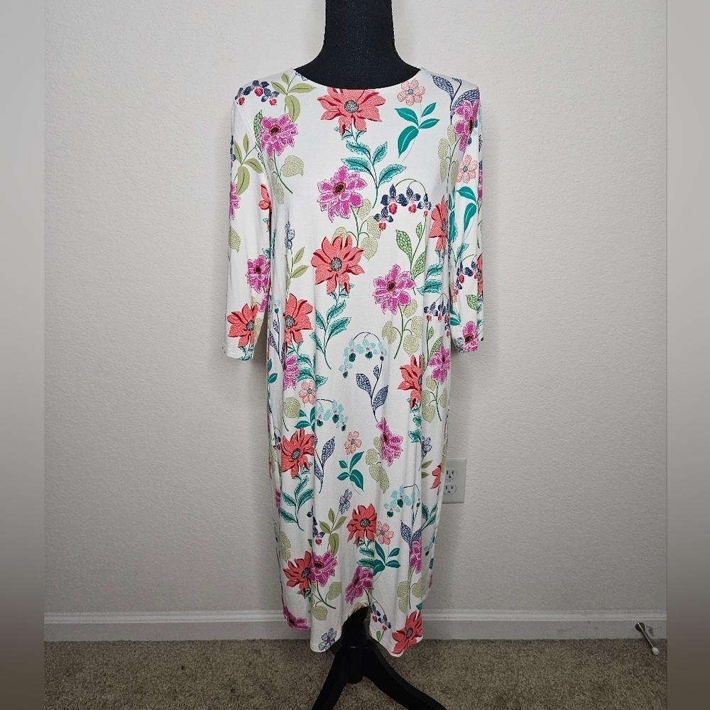 J. Jill Wherever Collection Vibrant Speckled Floral Half Sleeve Midi Dress White
